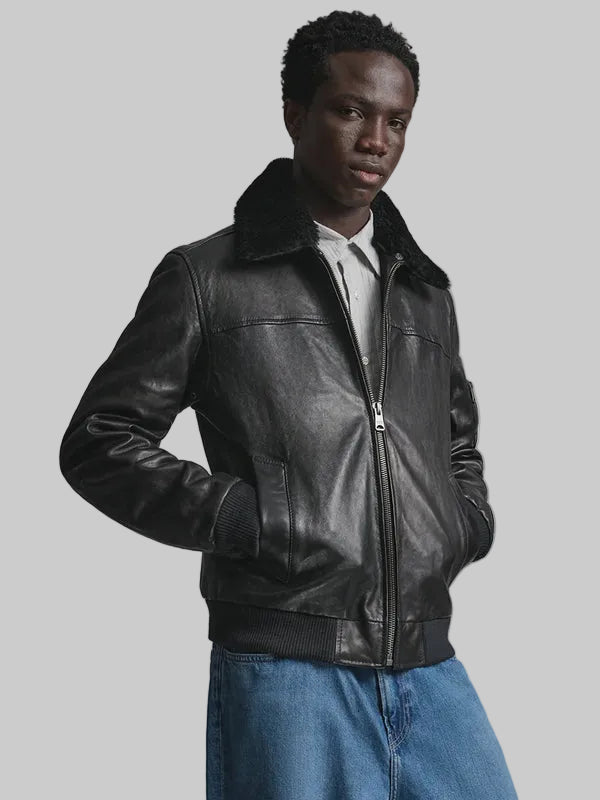 Ace Black Leather Bomber Jacket with Shearling Collar