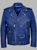 Men's Studded Blue Leather Biker Jacket