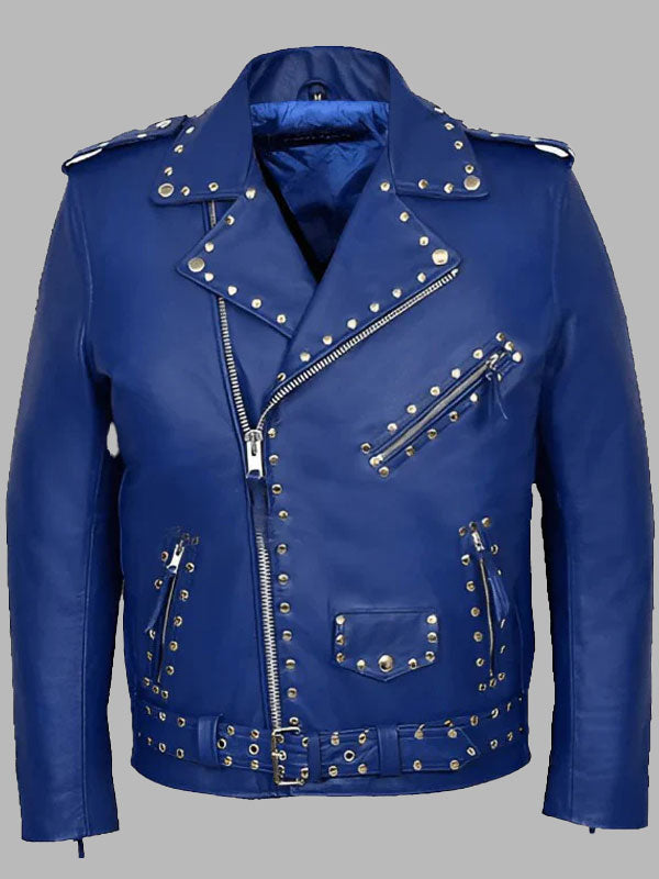Men's Studded Blue Leather Biker Jacket