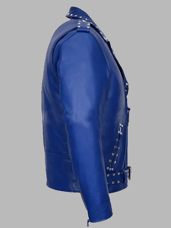 Men's Studded Blue Leather Biker Jacket