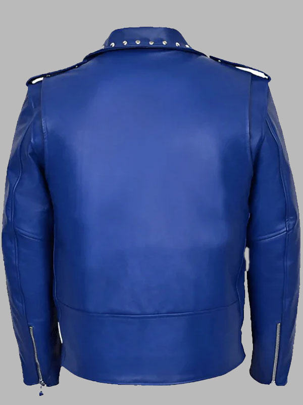 Men's Studded Blue Leather Biker Jacket