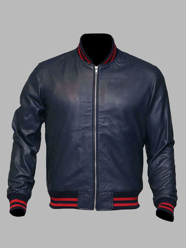 Men's Blue Sheepskin Leather Varsity Bomber Jacket
