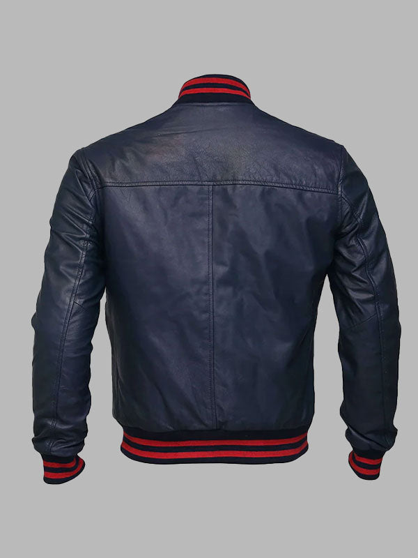 Men's Blue Sheepskin Leather Varsity Bomber Jacket
