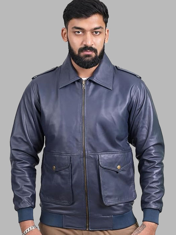 Blue Leather Jacket For Man