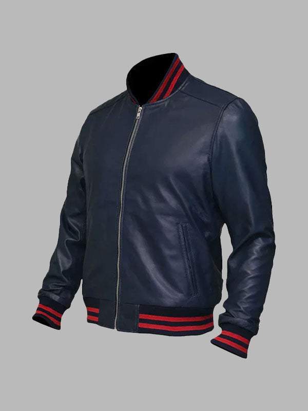 Men's Blue Sheepskin Leather Varsity Bomber Jacket