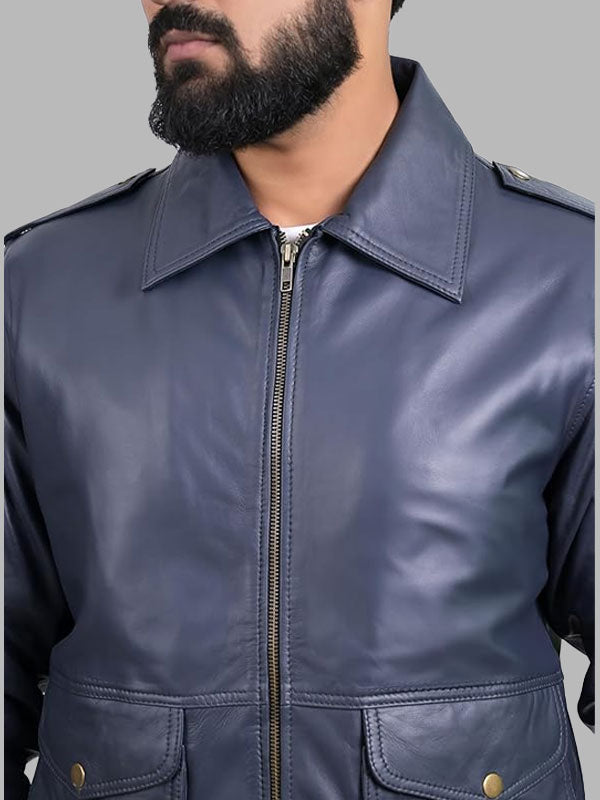 Blue Leather Jacket For Man