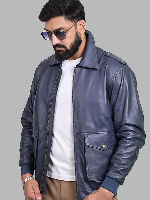 Blue Leather Jacket For Man
