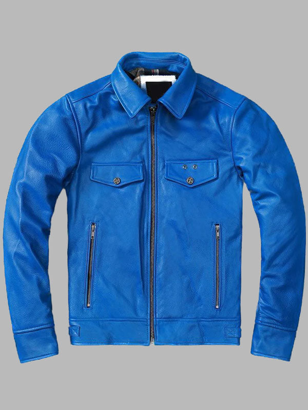 Mens Blue Trucker Style Motorcycle Cafe Racer Jacket
