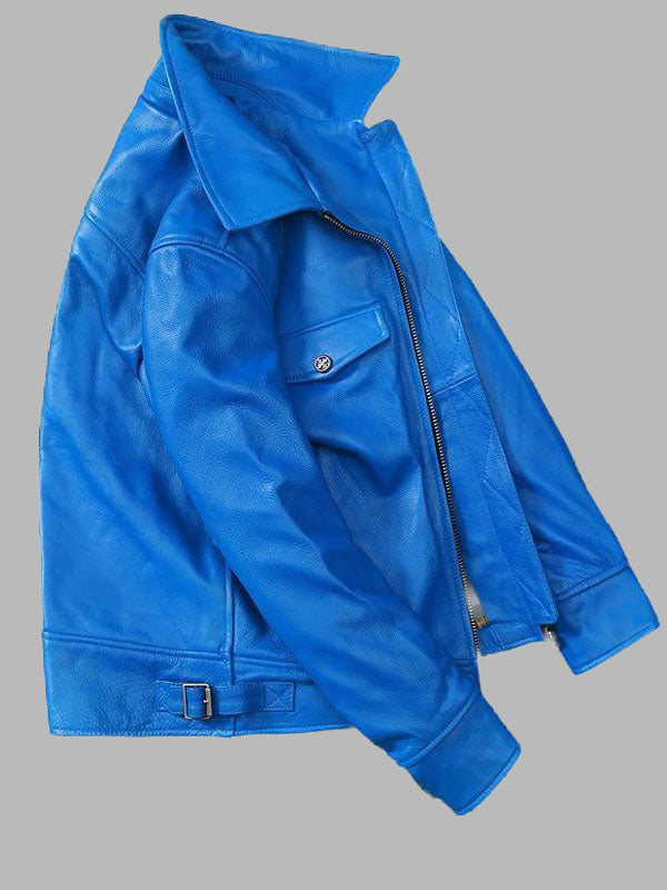 Mens Blue Trucker Style Motorcycle Cafe Racer Jacket