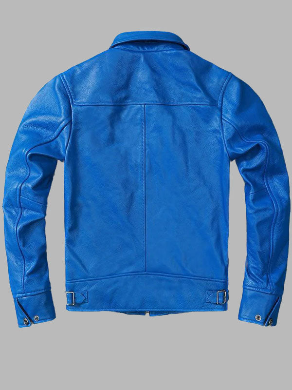 Mens Blue Trucker Style Motorcycle Cafe Racer Jacket