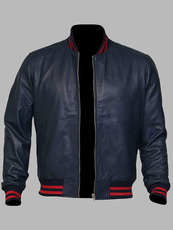 Men's Blue Sheepskin Leather Varsity Bomber Jacket
