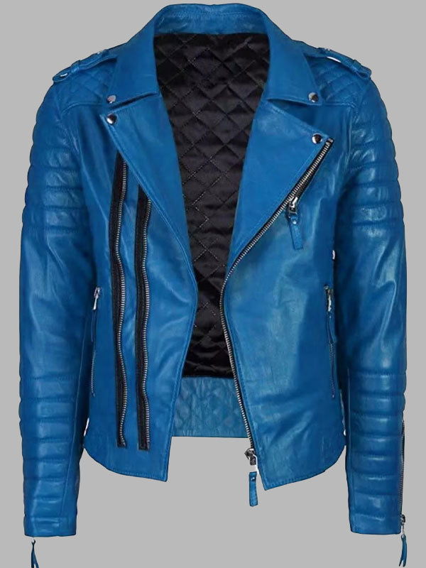 Mens Sky Blue Leather Biker Jacket