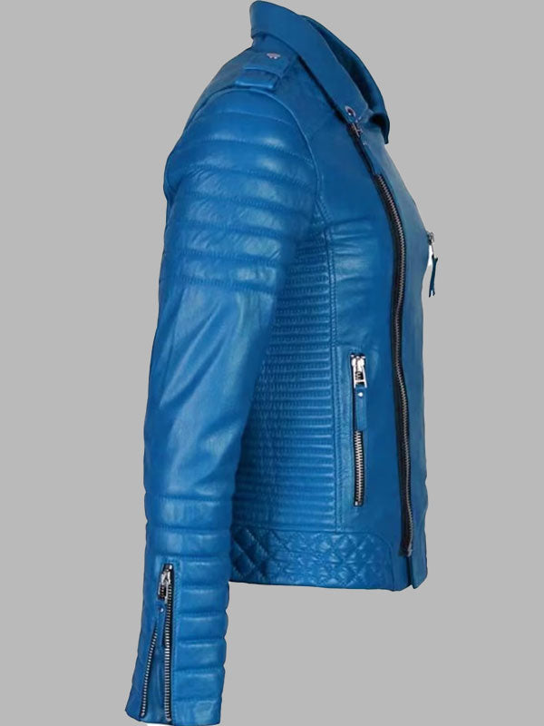 Mens Sky Blue Leather Biker Jacket