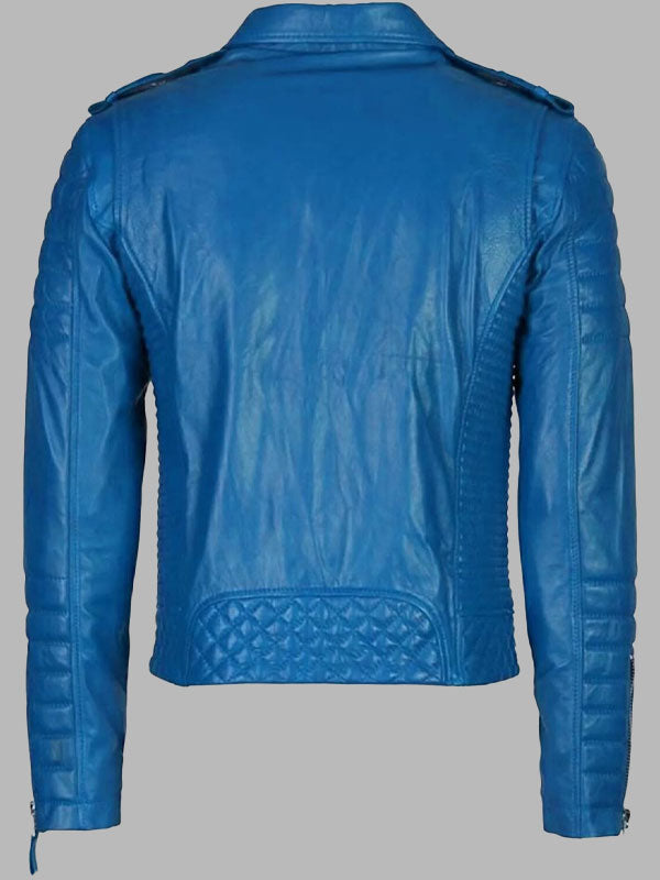 Mens Sky Blue Leather Biker Jacket