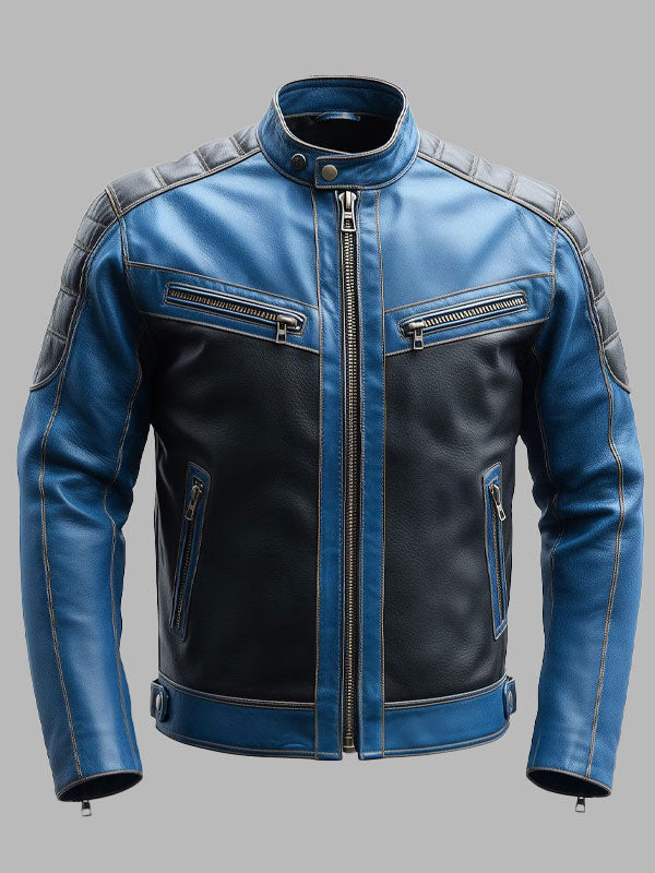 Black & Blue Leather Biker Jacket