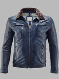 Men’s TRAPPER Sandor Leather Jacket with Detachable Collar in Blue