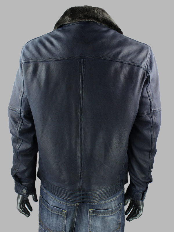 Men’s TRAPPER Sandor Leather Jacket with Detachable Collar in Blue
