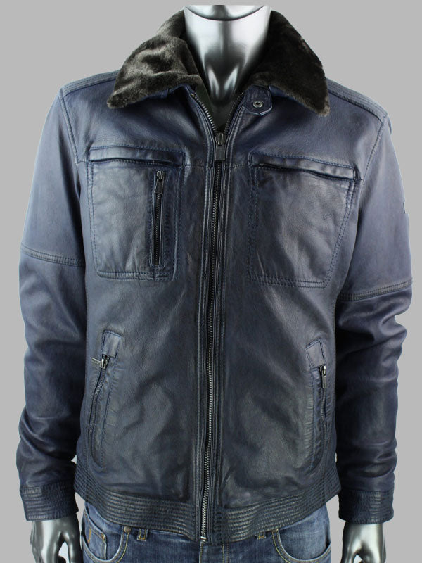 Men’s TRAPPER Sandor Leather Jacket with Detachable Collar in Blue
