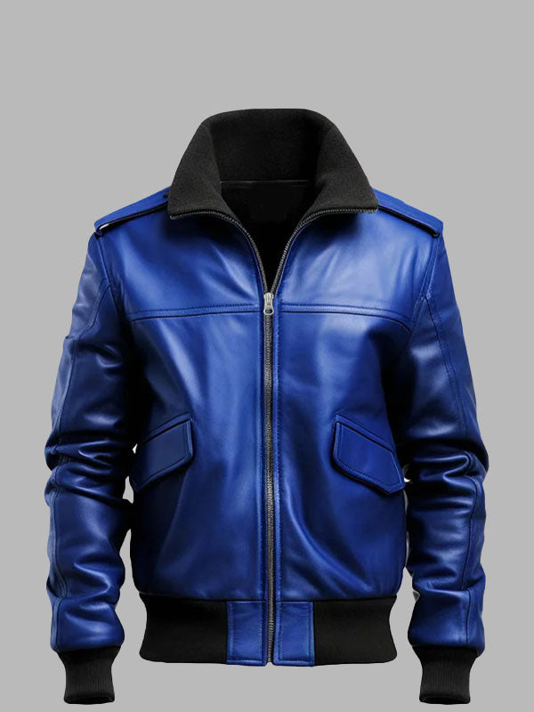 Men's Blue Leather Bomber Jacket