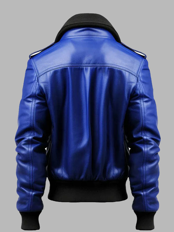 Men's Blue Leather Bomber Jacket
