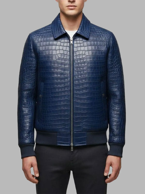 Blue Crocodile Embossed Leather Bomber Jacket