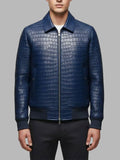 Blue Crocodile Embossed Leather Bomber Jacket