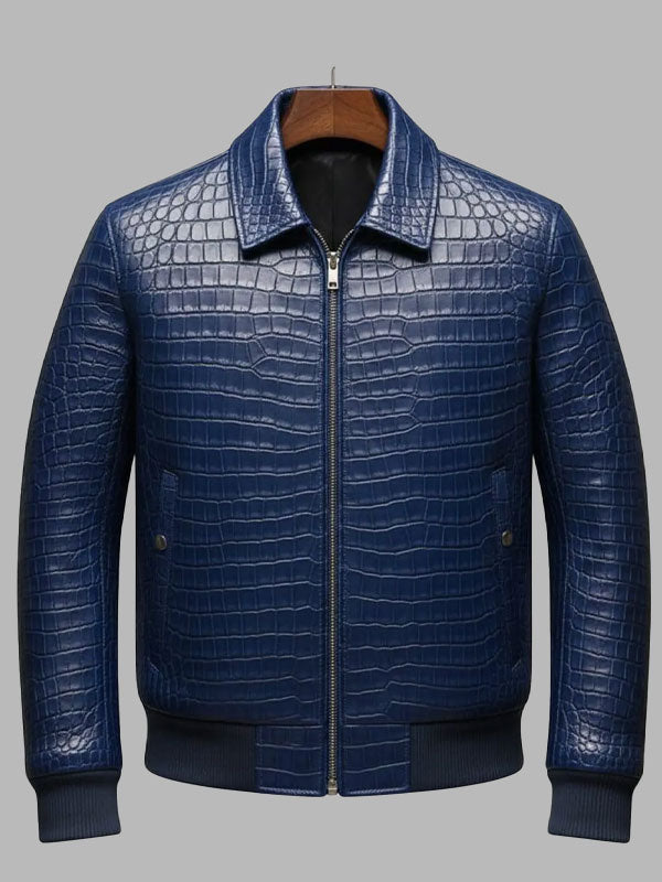 Blue Crocodile Embossed Leather Bomber Jacket