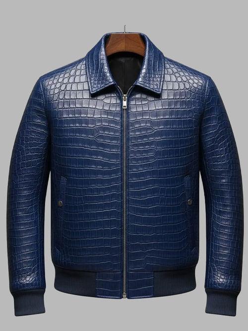 Blue Crocodile Embossed Leather Bomber Jacket