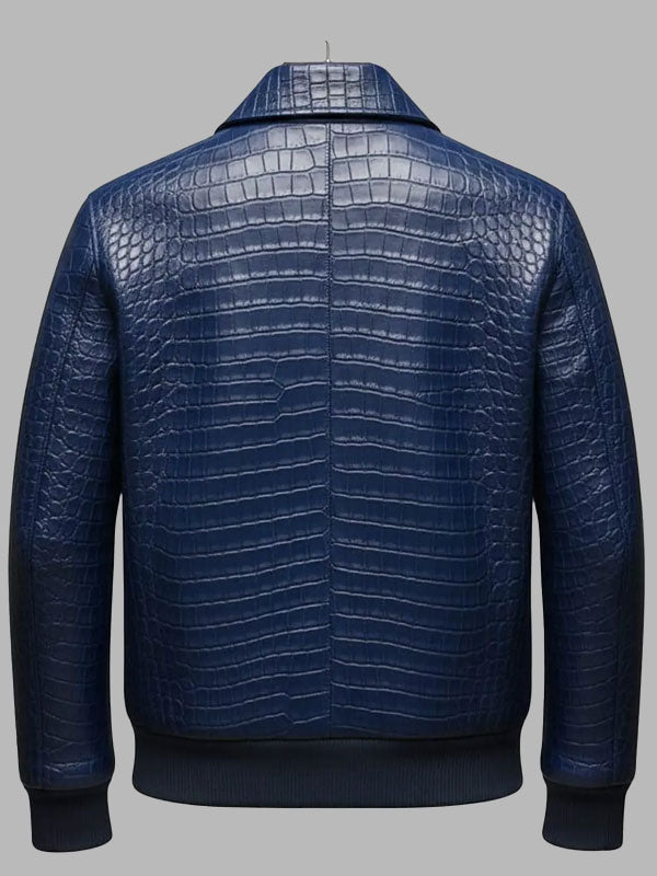 Blue Crocodile Embossed Leather Bomber Jacket