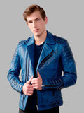 Men's Diamond Quilted Blue Waxed Leather Motorcycle Jacket