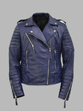 Women's Dark-Blue Quilted Padded Motorcycle Genuine Leather Biker Jacket