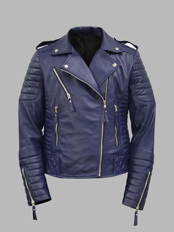 Women's Dark-Blue Quilted Padded Motorcycle Genuine Leather Biker Jacket