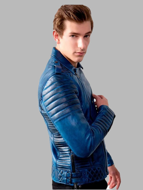 Men's Diamond Quilted Blue Waxed Leather Motorcycle Jacket