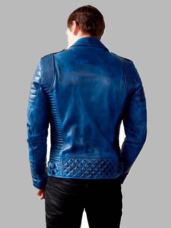 Men's Diamond Quilted Blue Waxed Leather Motorcycle Jacket