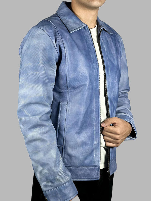 Blue Leather Men's Winter Jackets