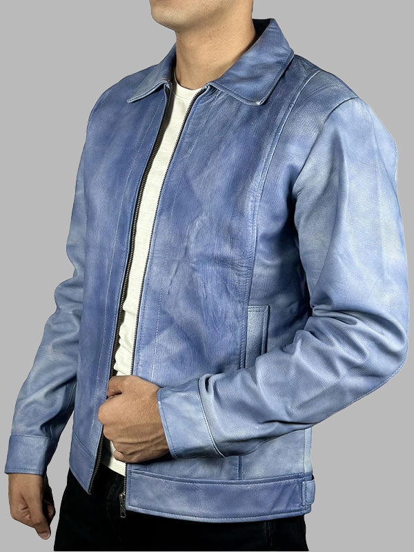 Blue Leather Men's Winter Jackets