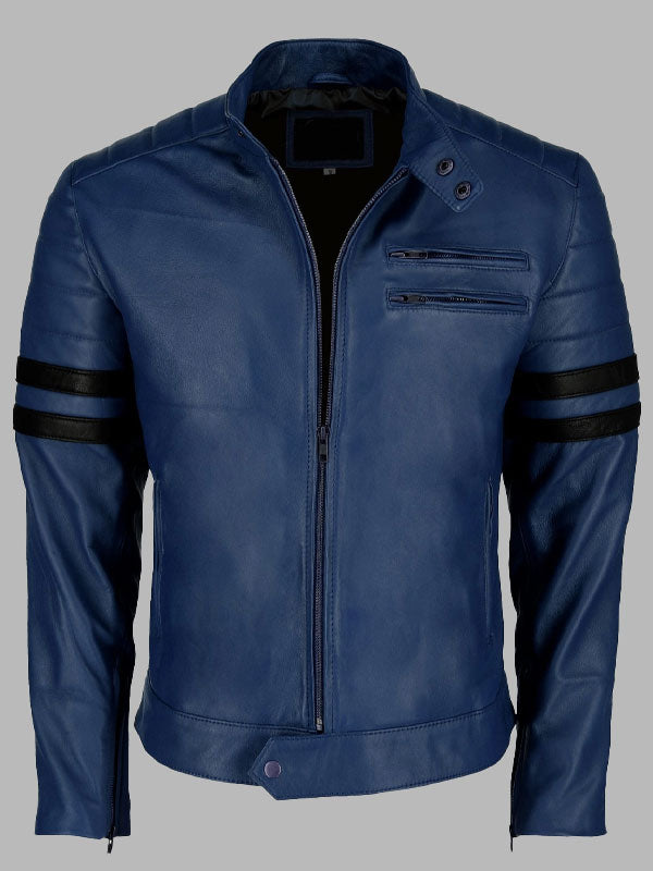 Blue Racer Biker Leather Jacket with Bold Black Stripes