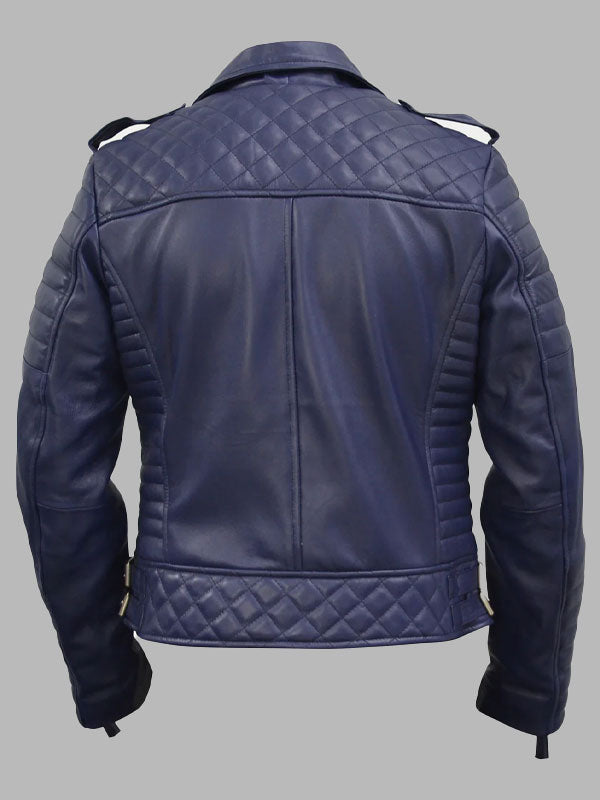 Women's Dark-Blue Quilted Padded Motorcycle Genuine Leather Biker Jacket