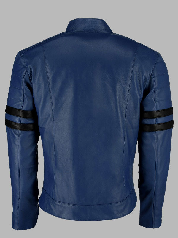 Blue Racer Biker Leather Jacket with Bold Black Stripes