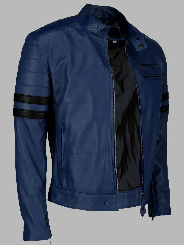 Blue Racer Biker Leather Jacket with Bold Black Stripes