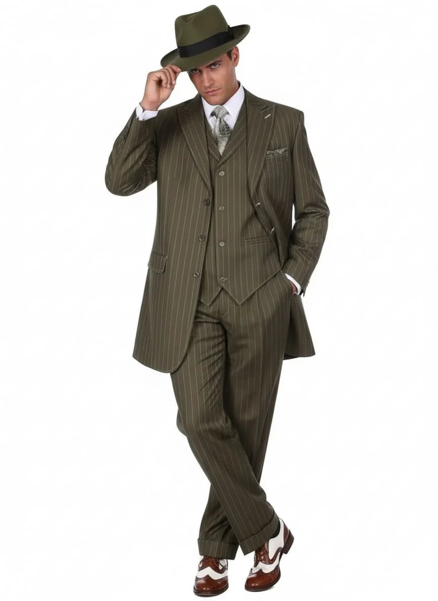 Mens Olive Green Pinstripe Zoot Suit