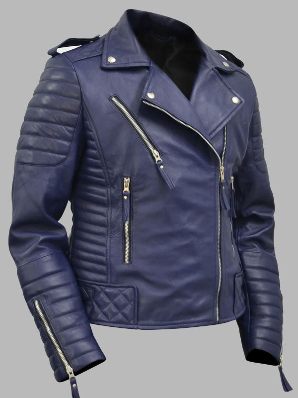 Women's Dark-Blue Quilted Padded Motorcycle Genuine Leather Biker Jacket