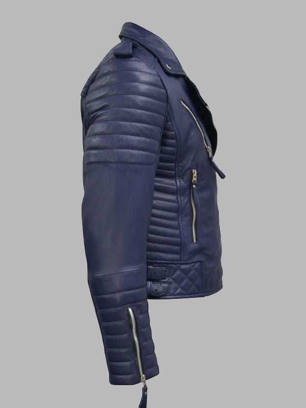 Women's Dark-Blue Quilted Padded Motorcycle Genuine Leather Biker Jacket