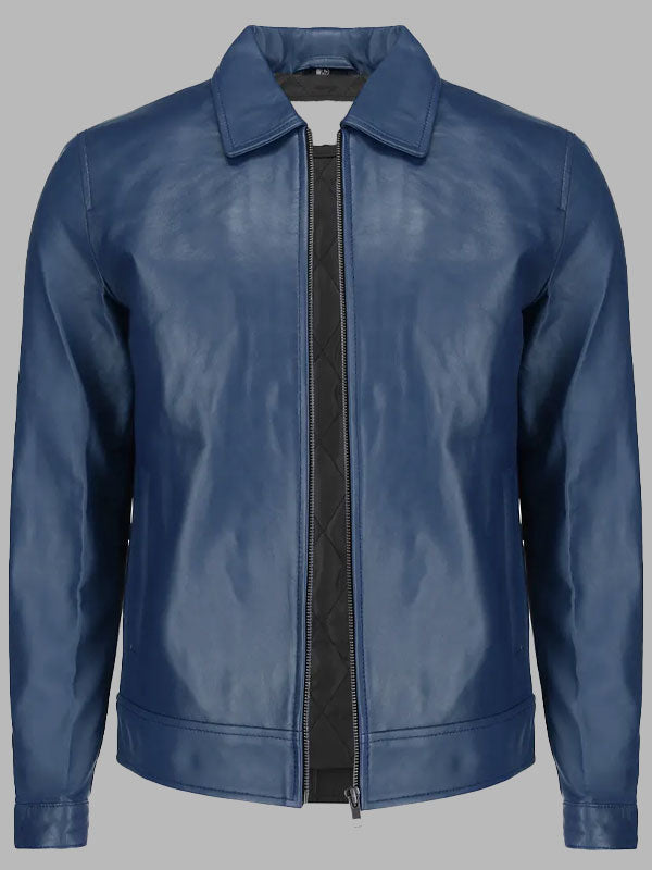 Bravo Men’s Classic Blue Harrington Leather Jacket