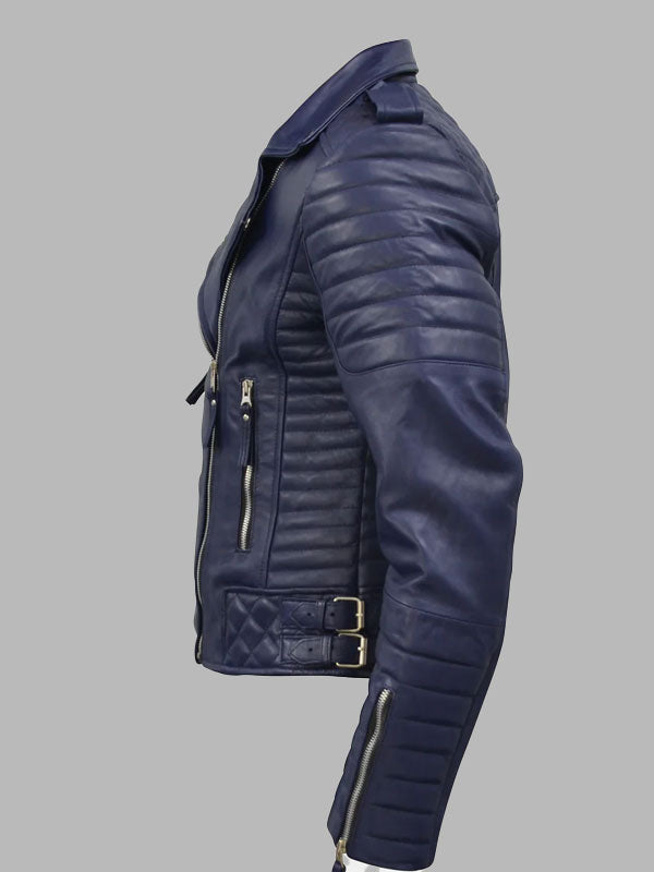 Women's Dark-Blue Quilted Padded Motorcycle Genuine Leather Biker Jacket