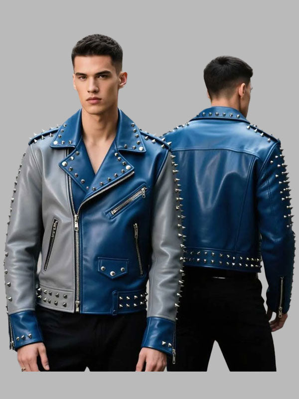 Men's Blue Grey Spiked Leather Biker Jacket