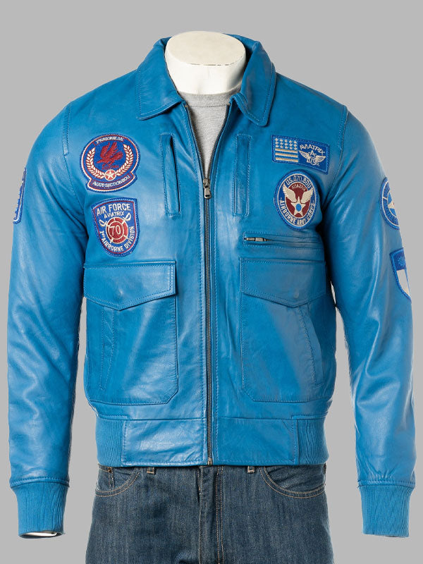 Men's Blue Aviator Pilot Flight A2 Style Leather Jacket