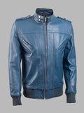 Men’s Band Collar Blue Bomber Leather Jacket