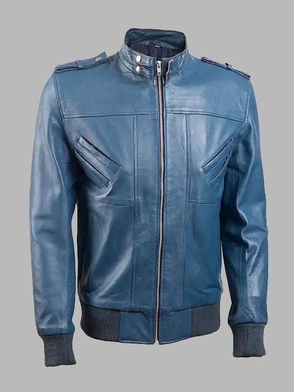 Men’s Band Collar Blue Bomber Leather Jacket