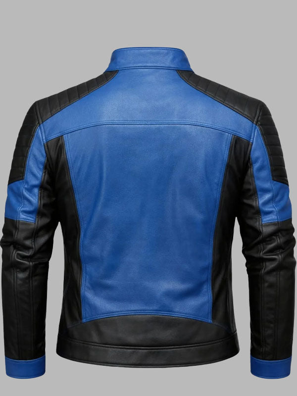 Men's Blue Black Leather Biker Jacket